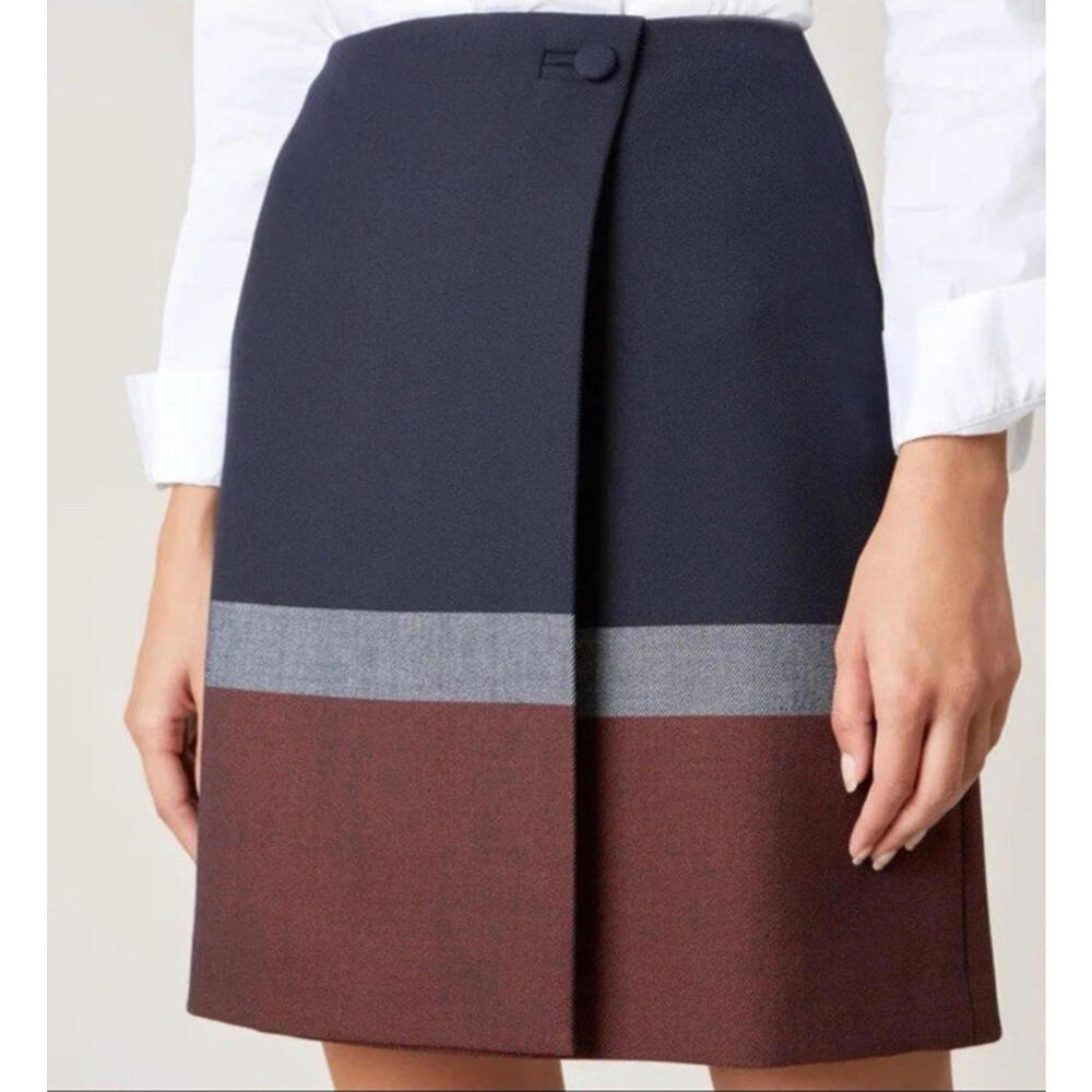 HOBBS London 14 Simone Skirt Faux Wrap Colorblock Lined Side Button Blue NWOT